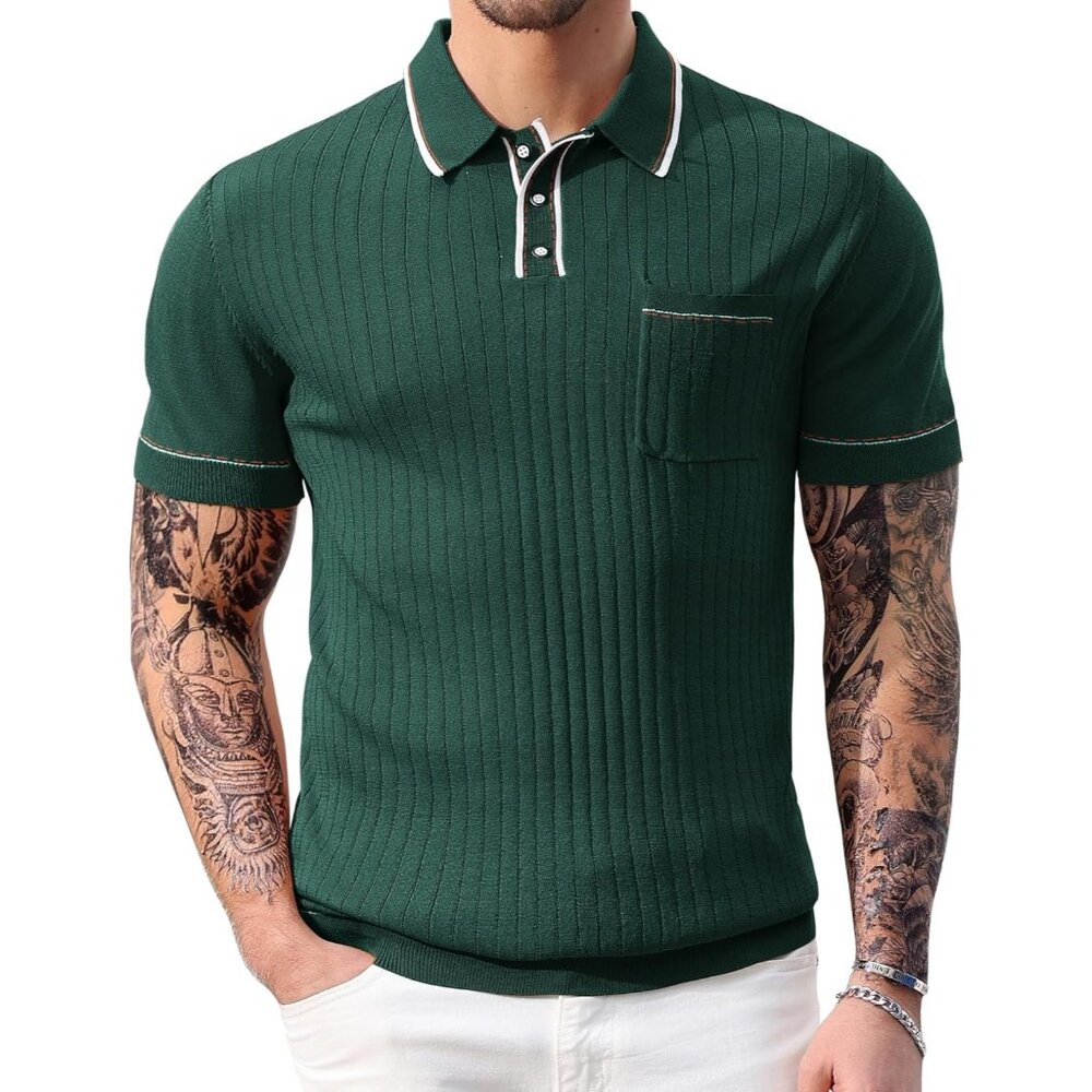 Men's Green Short Sleeve Knitted Polo Shirts Vintage Button Up Summer